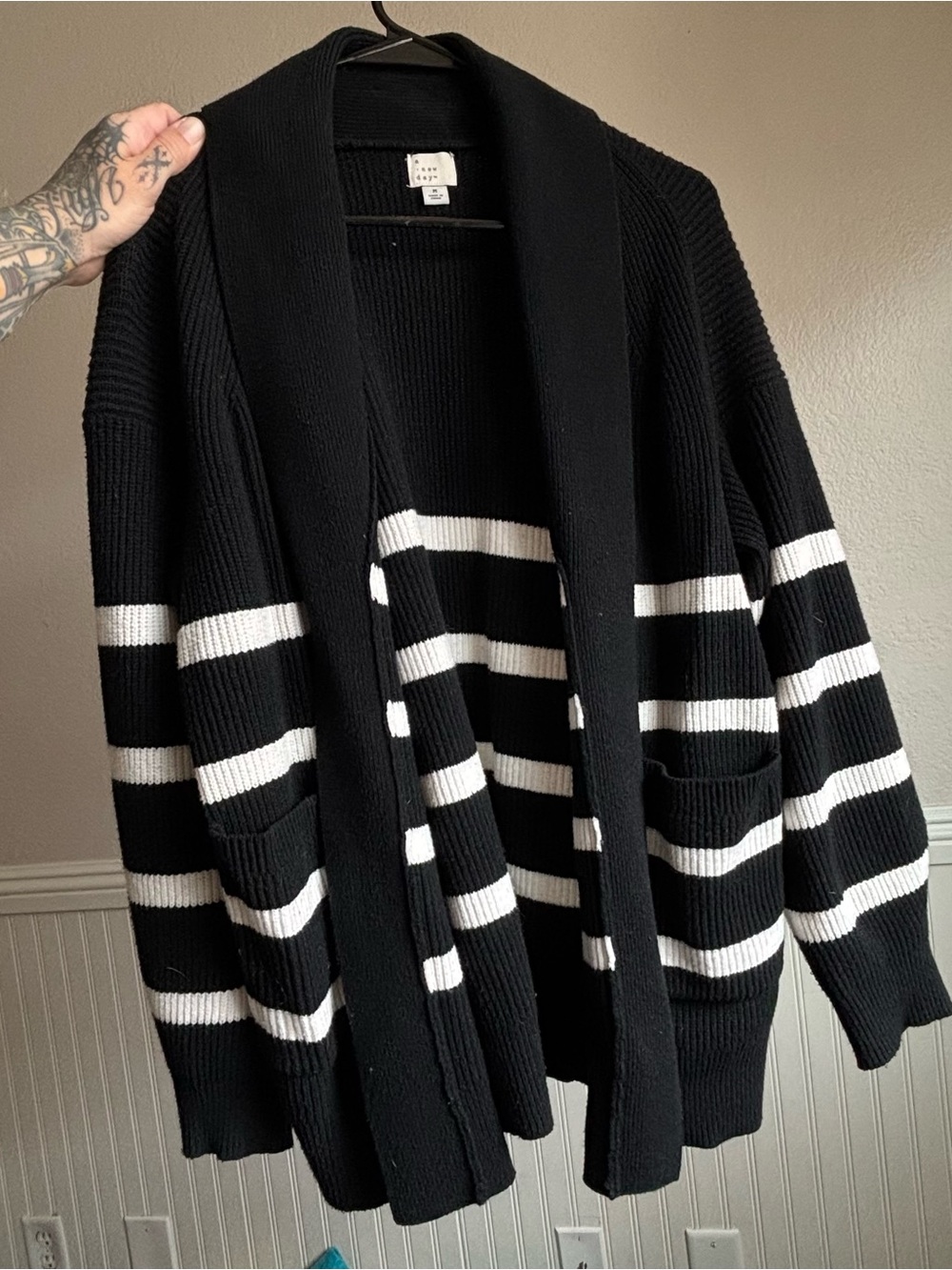 a new day Black and White Striped Open-Front Shawl Cardigan